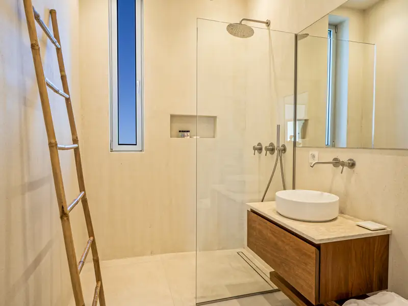 A bathroom with a walk-in shower and a stone basin