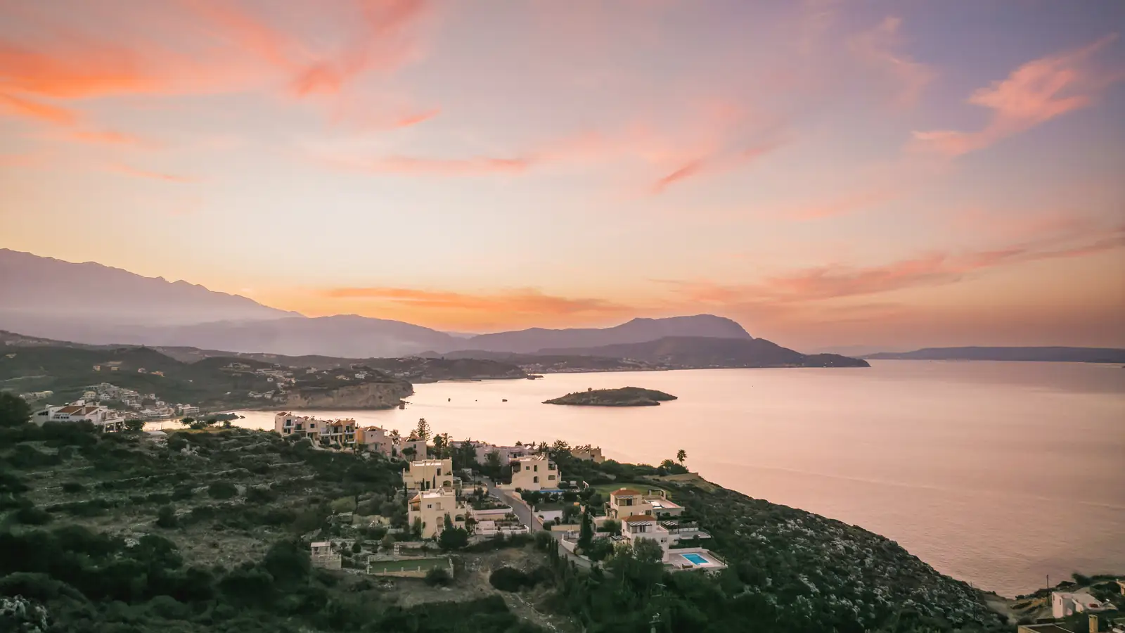 The bay at dusk, seen from the hillside at Plaka