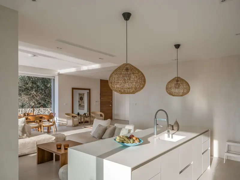 The open kitchen with the living room behind